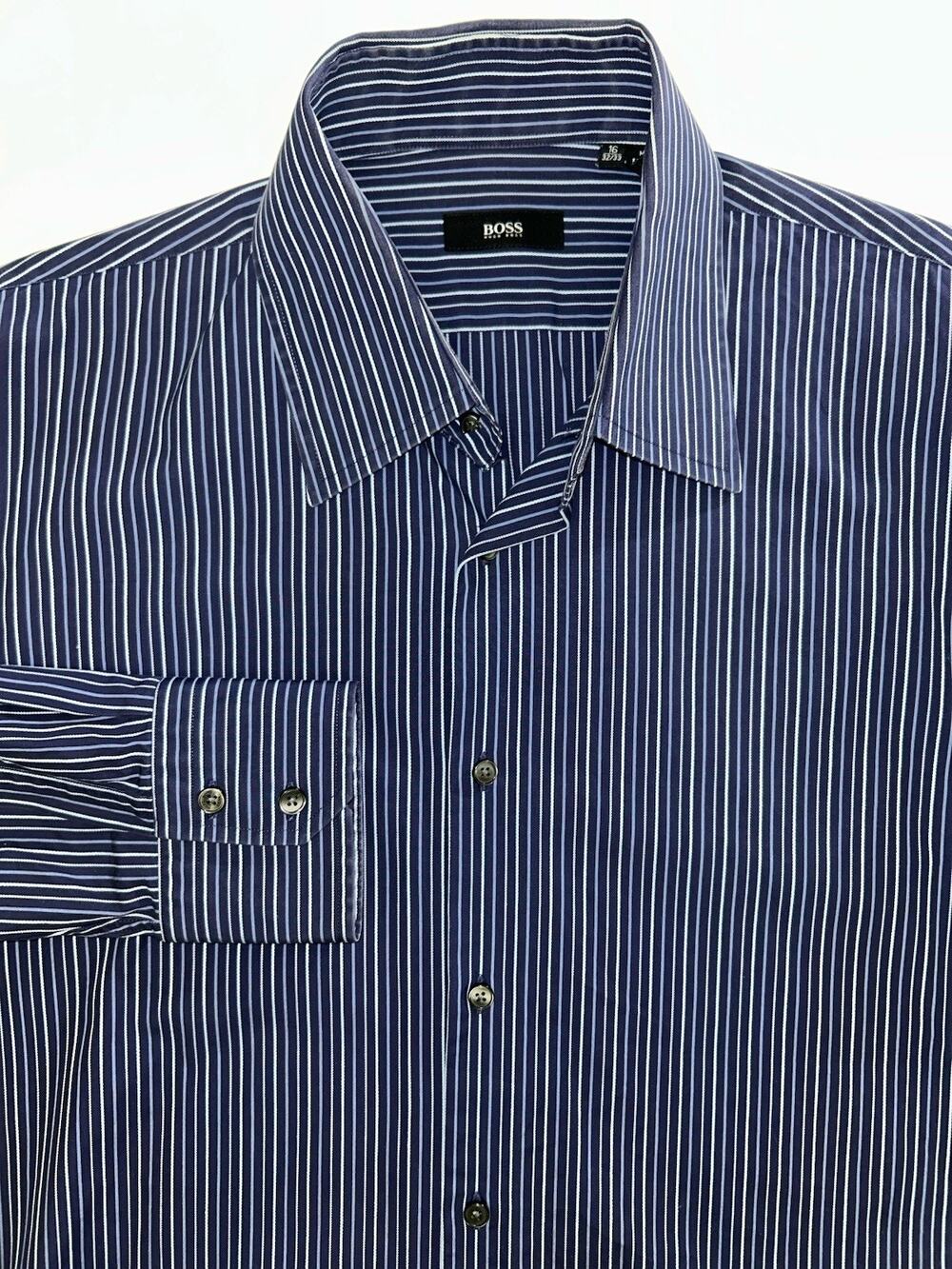 HUGO BOSS Blue Gray Stripe Cotton Men's Dress Shirt 16 32/33